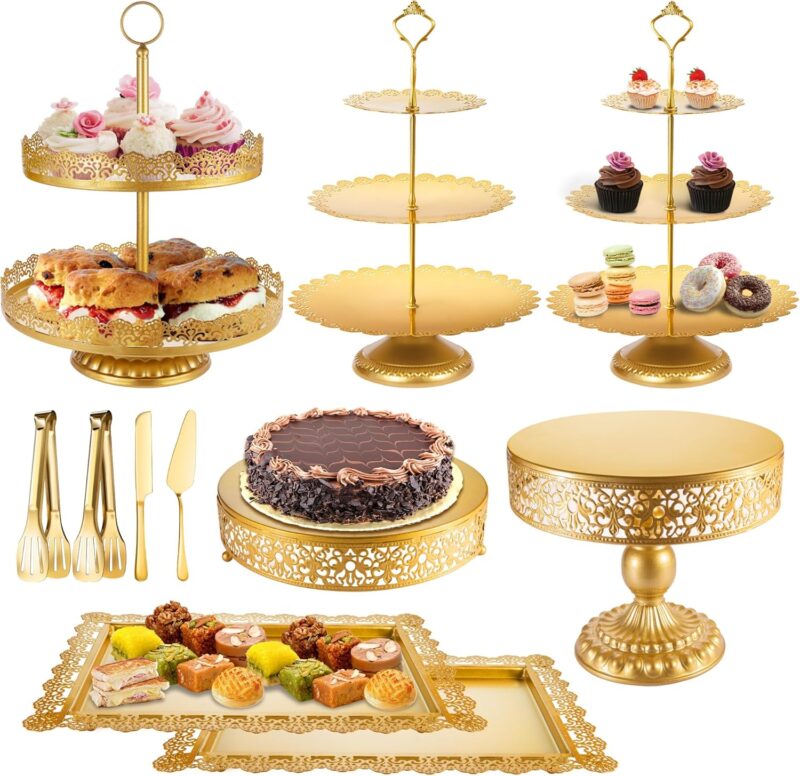 Combo khay, kệ tháp, đĩa để trưng bày bánh kẹo bàn tiệc mạ vàng