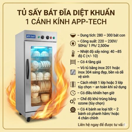 Tủ sấy bát đĩa diệt khuẩn 1 cánh kính